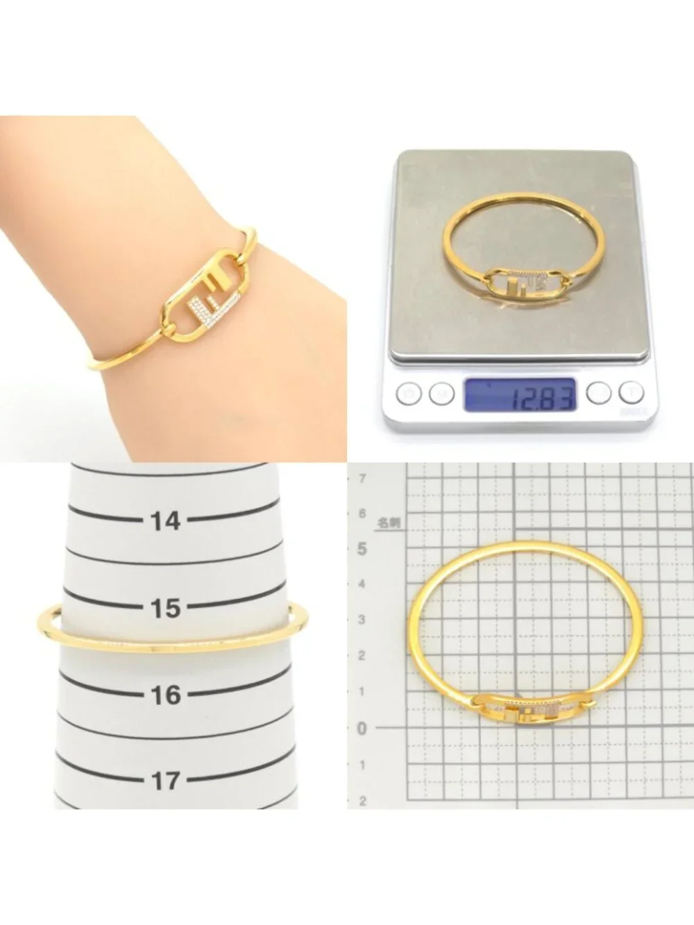 Fendi O'Lock Bracelet M Bangle Crystal Gold Metal